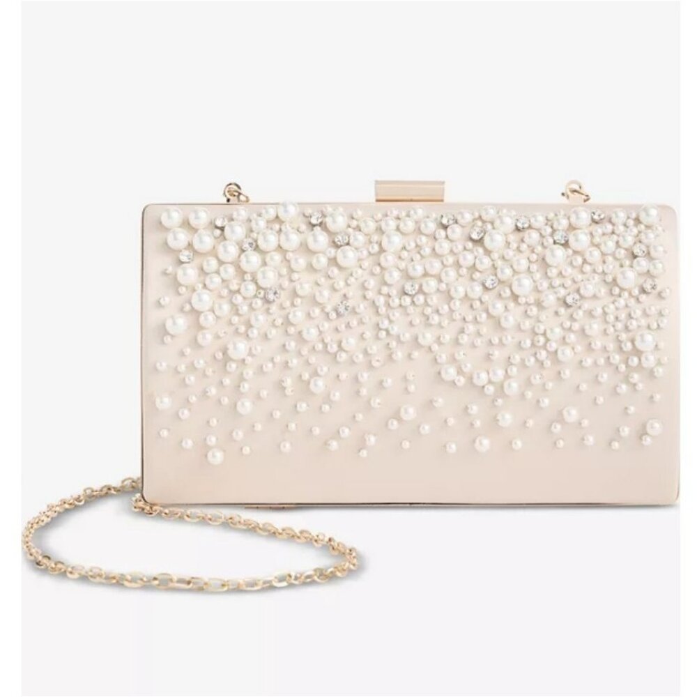 INC Ranndi imitation pearl satin women's clutch minaudiere bag- Champagne Silver